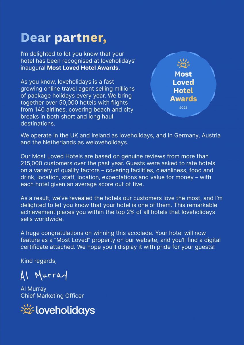 loveholidays Most Loved Hotel Awards 2025 – Congratulations Letter