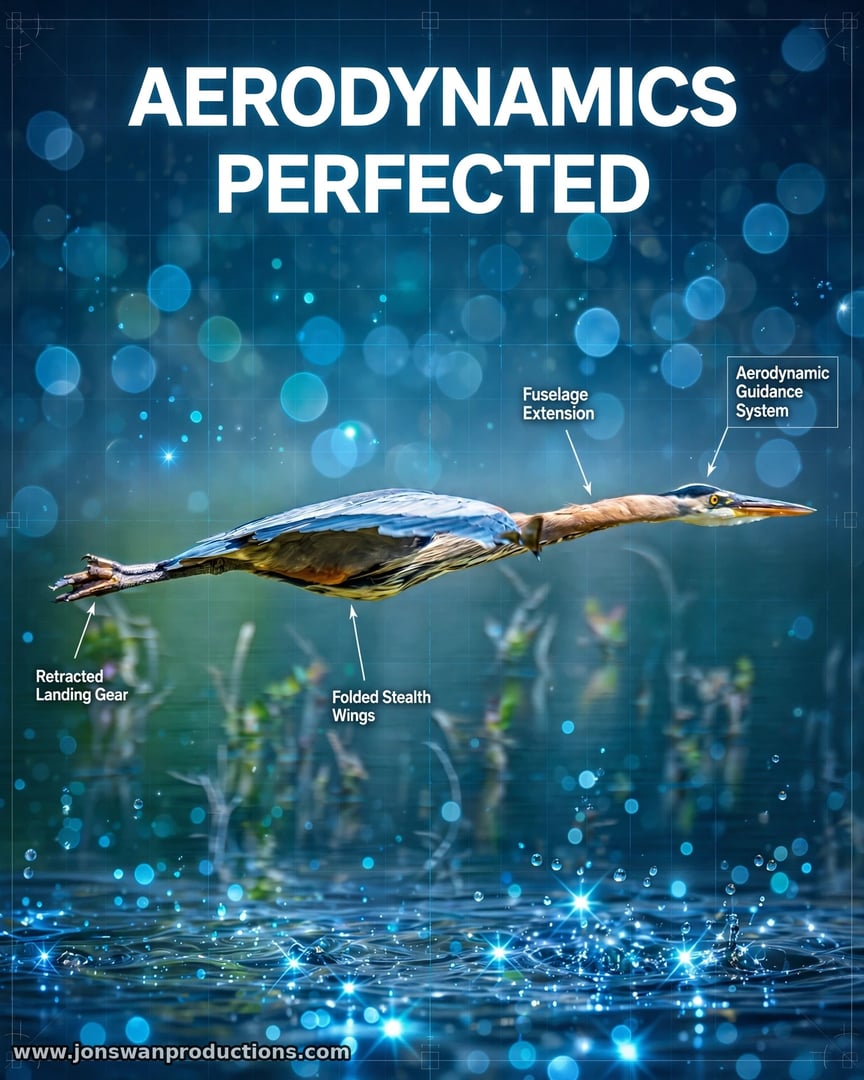 Great blue heron in a streamlined dive over water, annotated like an aircraft blueprint with labels for retracted landing gear, folded stealth wings, fuselage extension and aerodynamic guidance system, titled Aerodynamics Perfected