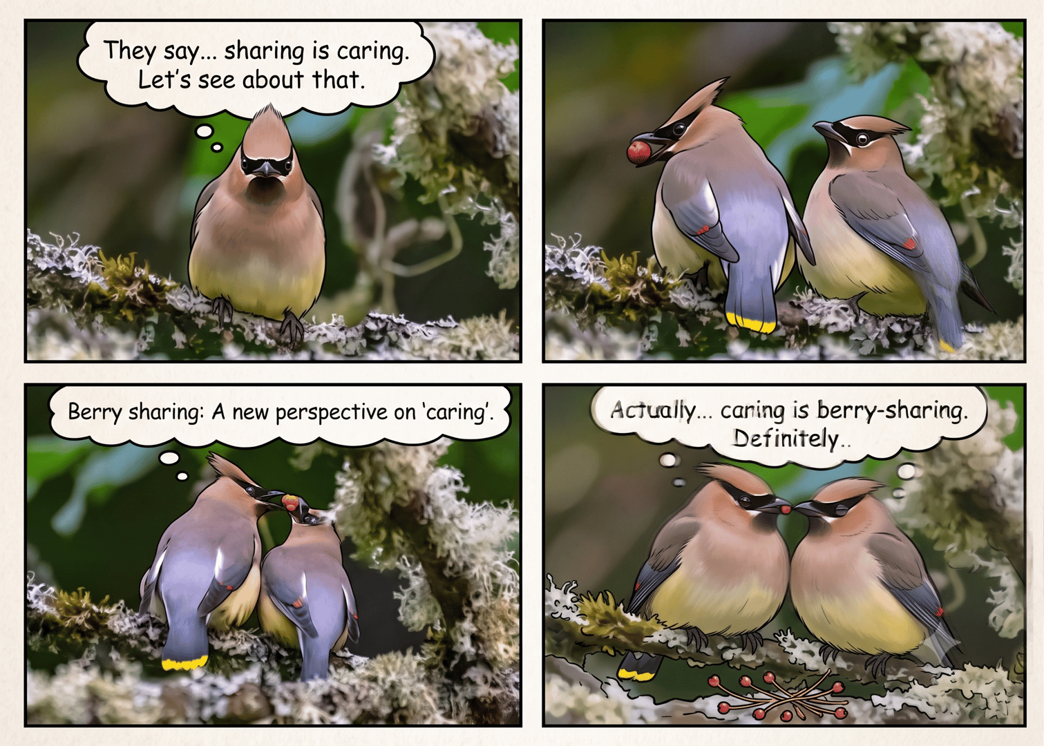 Four-panel cedar waxwing comic strip: a skeptical waxwing says They say sharing is caring, let's see about that; the pair exchange a red berry; and they conclude that caring is berry-sharing, definitely