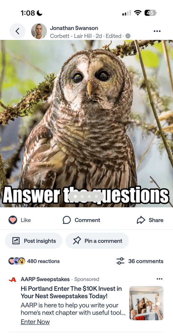 Screenshot of a Nextdoor post showing a barred owl photograph by Jonathan Swanson, with a sponsored AARP advertisement occupying the first comment slot directly beneath it.
