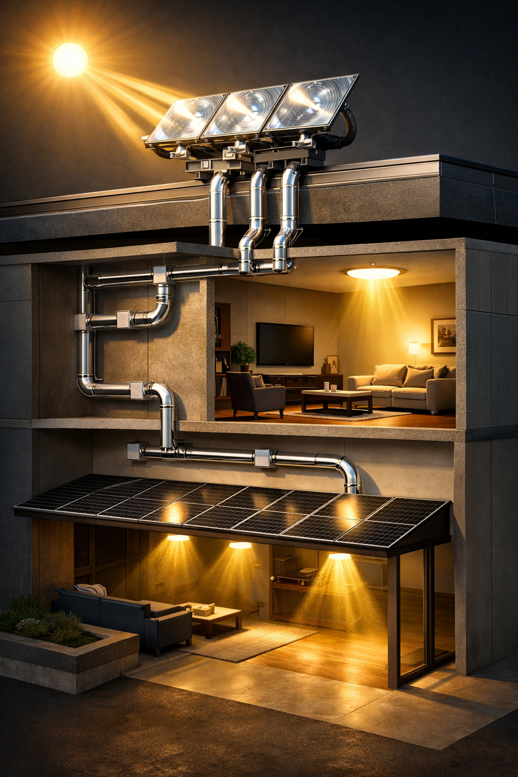 HelioCore solar light collection and distribution system — Fresnel lenses on roof collecting sunlight, reflective conduits routing through building, delivering natural light to interior rooms and supplementing solar panels on awning