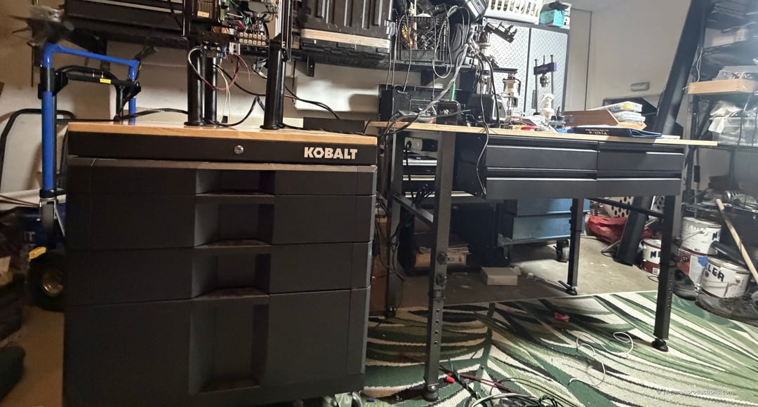 G-Lab garage workspace with Kobalt 4-drawer cabinet and adjustable workbench