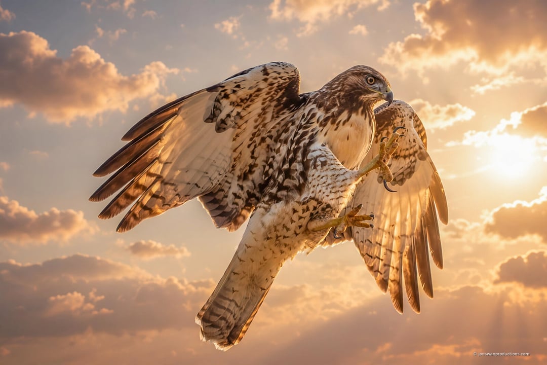 Red-tailed hawk landing with wings raised and talons open against a golden sky