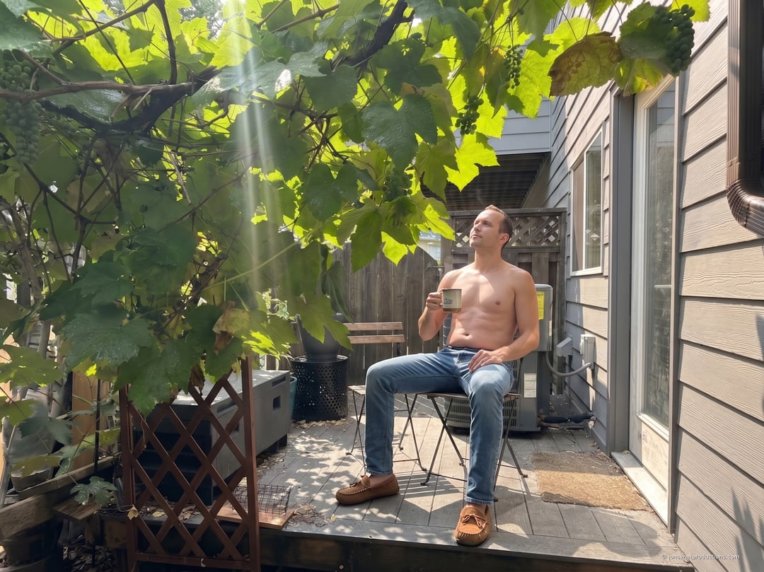 Morning sun streaming through a grapevine canopy over a small back deck
