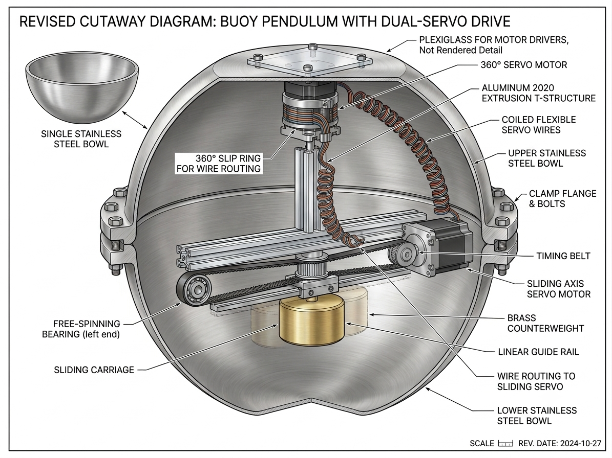 Engineering cutaway of the sealed spherical buoy showing the internal dual-servo counterweight mechanism: a 360-degree servo and slip ring at top, an aluminum 2020 extrusion T-frame, coiled servo wires, and a brass counterweight driven along a linear guide rail by a timing belt and servo, with a free-spinning idler bearing at the opposite end.