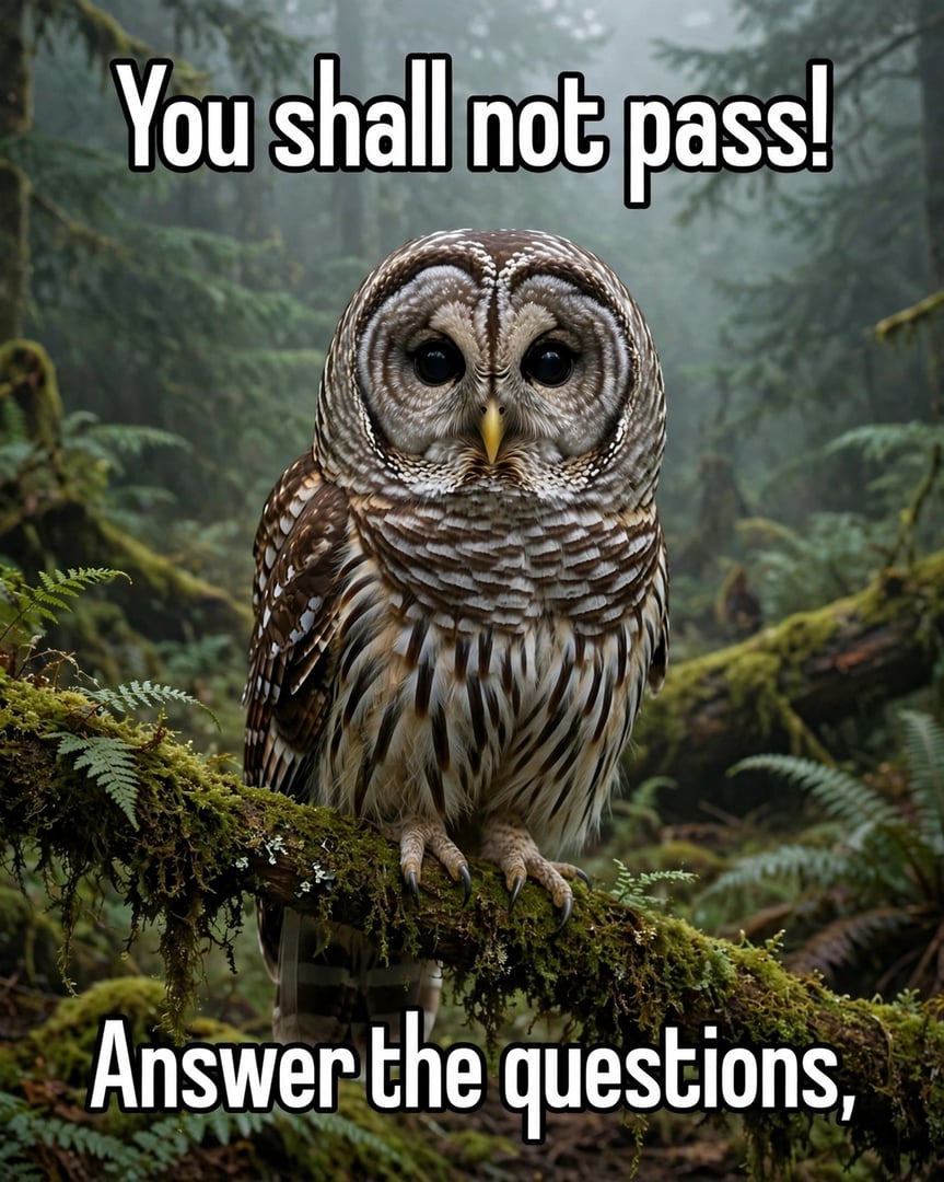 Barred owl on a mossy log in a foggy forest, captioned You shall not pass! Answer the questions