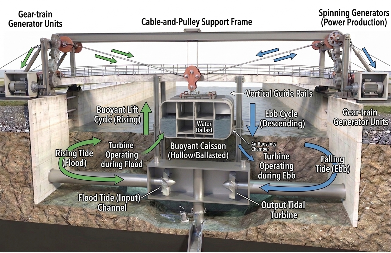 Fig. 3 — Core mechanism cutaway: a hollow/ballasted buoyant caisson on vertical guide rails, lifted by the rising tide; a cable-and-pulley support frame transmitting its rise and fall to gear-train regenerative generators; and bidirectional input/output turbines, annotated with the flood (buoyant-lift) and ebb (descent) cycle.