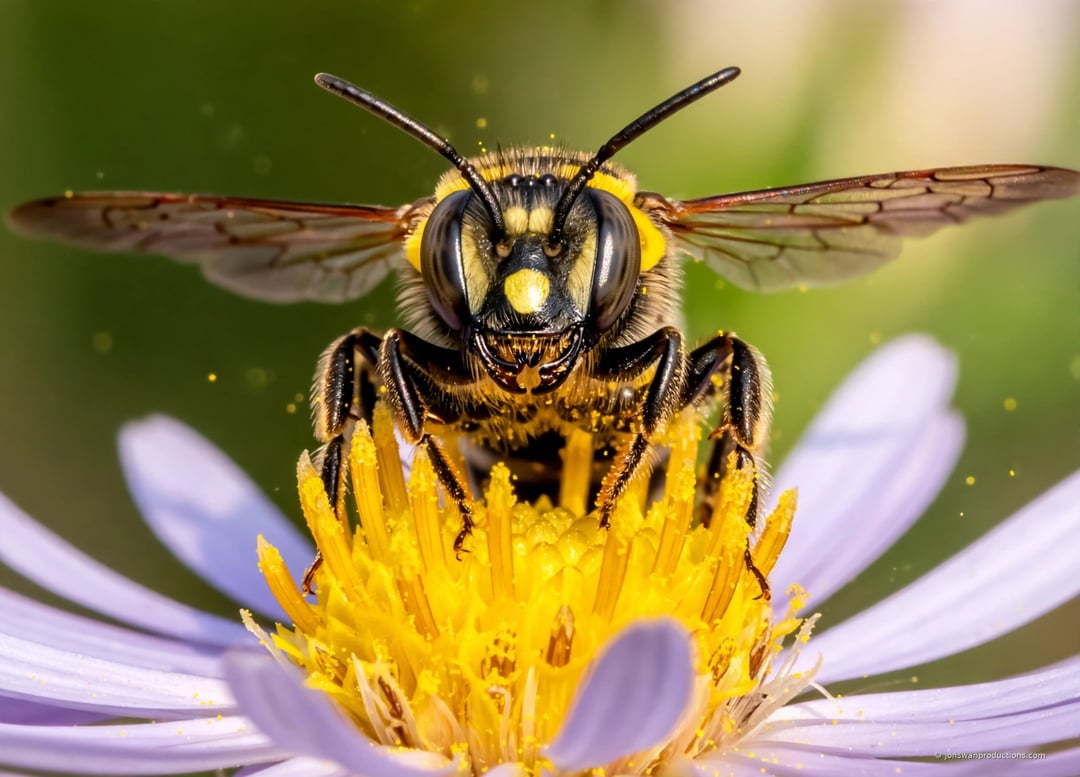 Head-on view of a Stelis cuckoo bee showing three small ocelli on top of the head between yellow spots