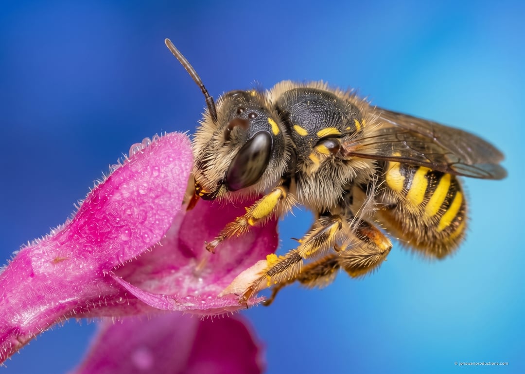 Wool carder bee with yellow abdominal spots on a pink flower