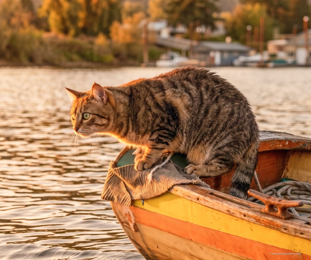 A cat standing at the bow of a boat on the Willamette River