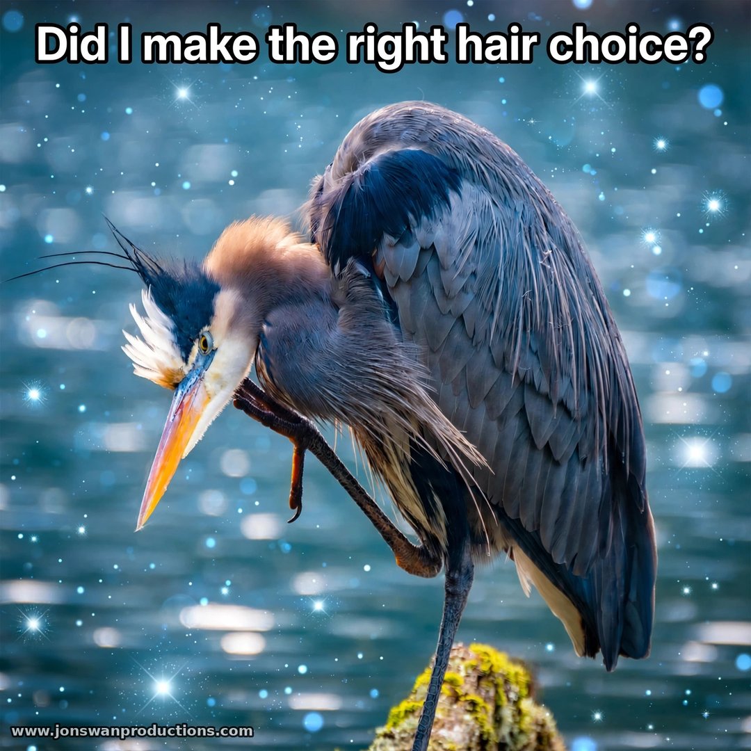 Great blue heron scratching its head with a raised foot, head plumes sticking out wildly, captioned Did I make the right hair choice?