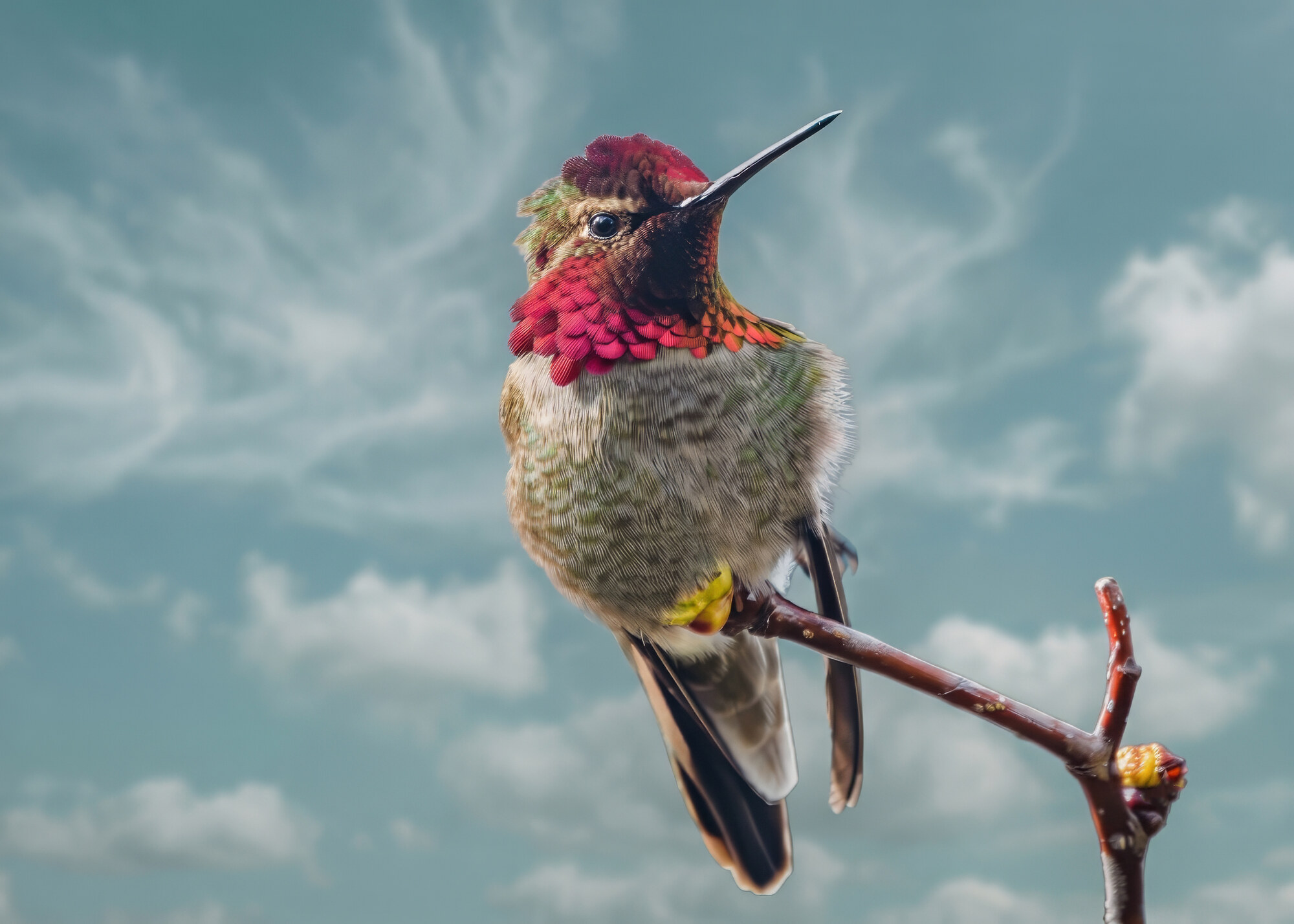 Hummingbird with a bright red throat perched on a thin branch against a blue sky with clouds.