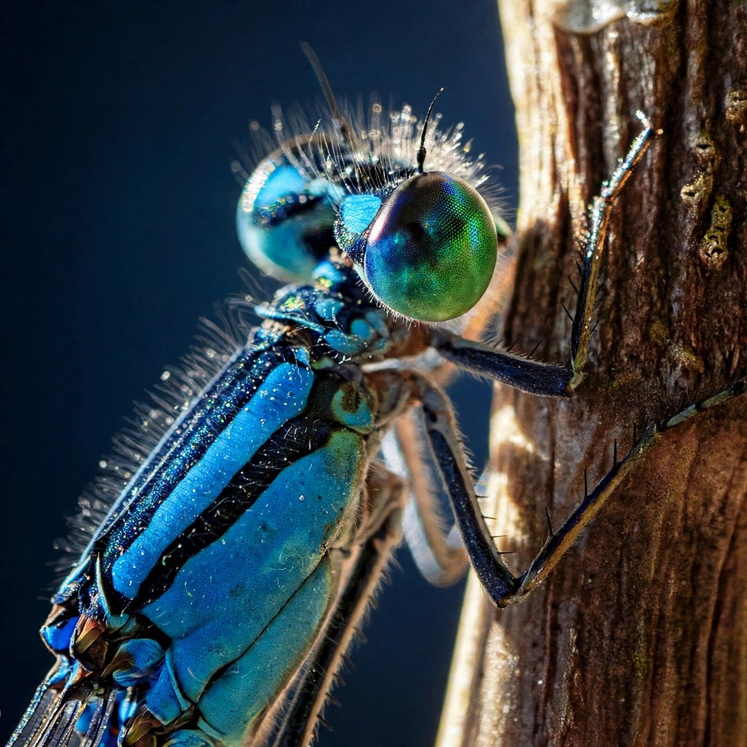 Macro side profile of a blue damselfly on a weathered stem showing compound eye facets and bristled legs