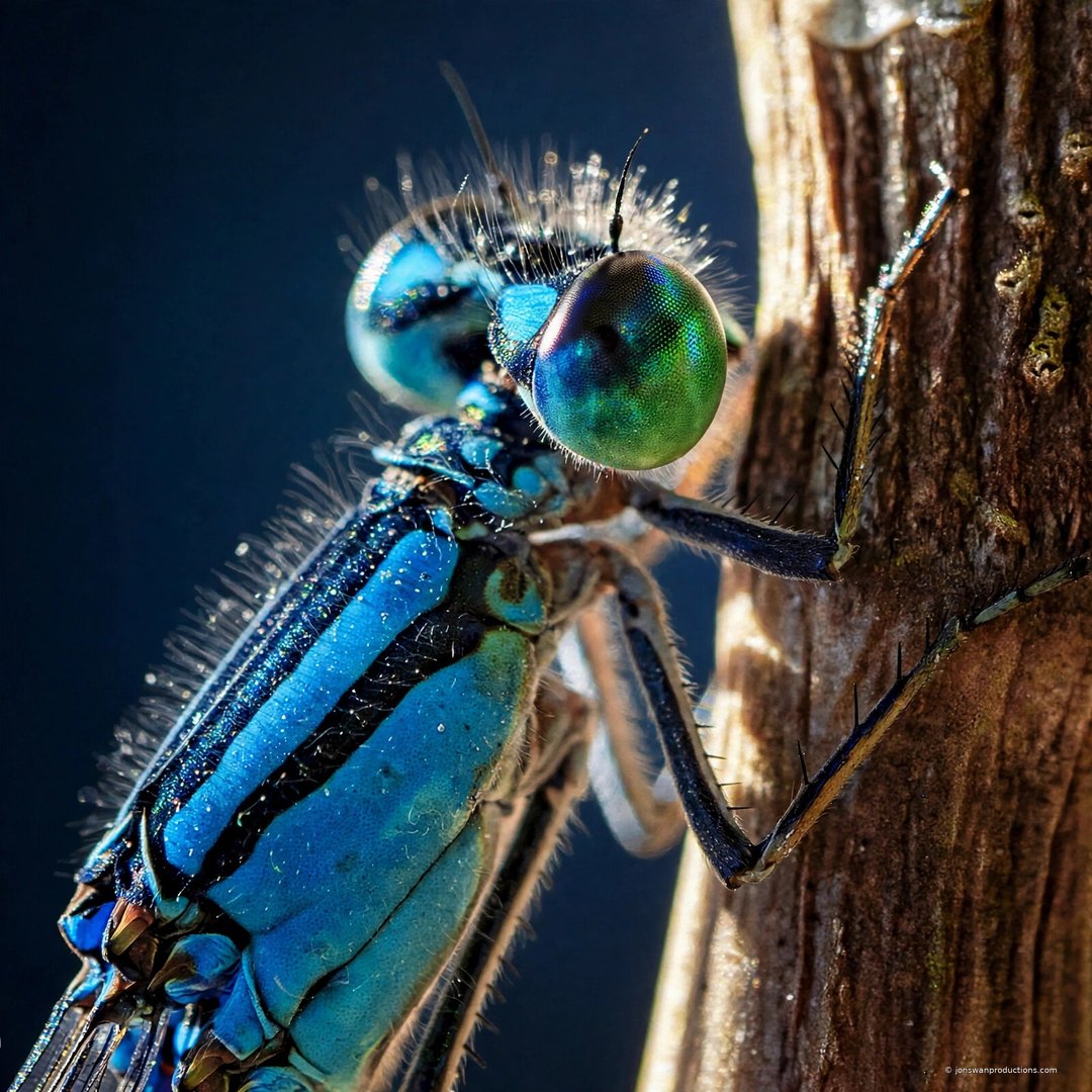Macro side profile of a blue damselfly on a weathered stem showing compound eye facets and bristled legs