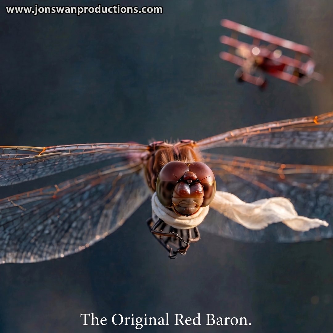 Dragonfly wearing a flying ace's silk scarf with a red triplane behind it, captioned The Original Red Baron