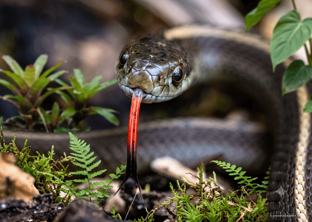 Garter snake head-on with its long red forked tongue fully extended toward the camera