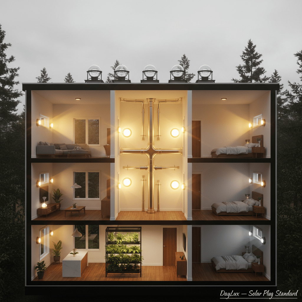 DayLux solar light collection and distribution system — universal solar plugs delivering real sunlight to every room in a modern home