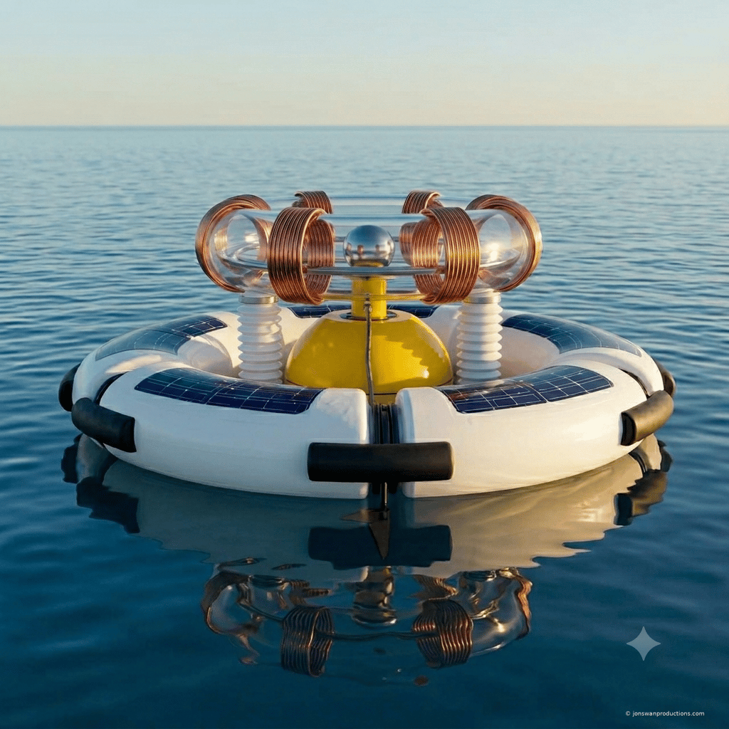 WaveForge high-frequency buoy — fleet-deployable sealed-donut wave energy harvester with transparent torus chamber, copper coils, and chrome orbital mass