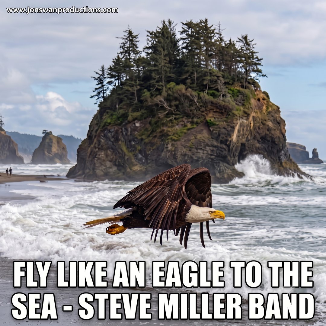 Bald eagle flying low over the surf at Neskowin beach with Proposal Rock behind it, captioned Fly like an eagle to the sea — Steve Miller Band