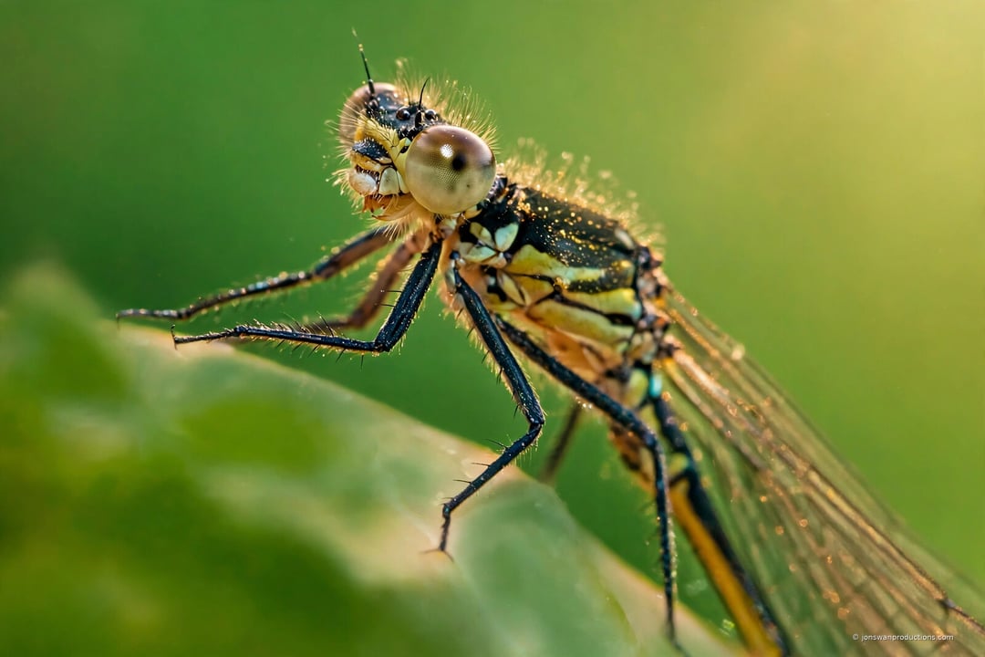 Backlit female damselfly in profile on a leaf with bronze eye and olive thorax