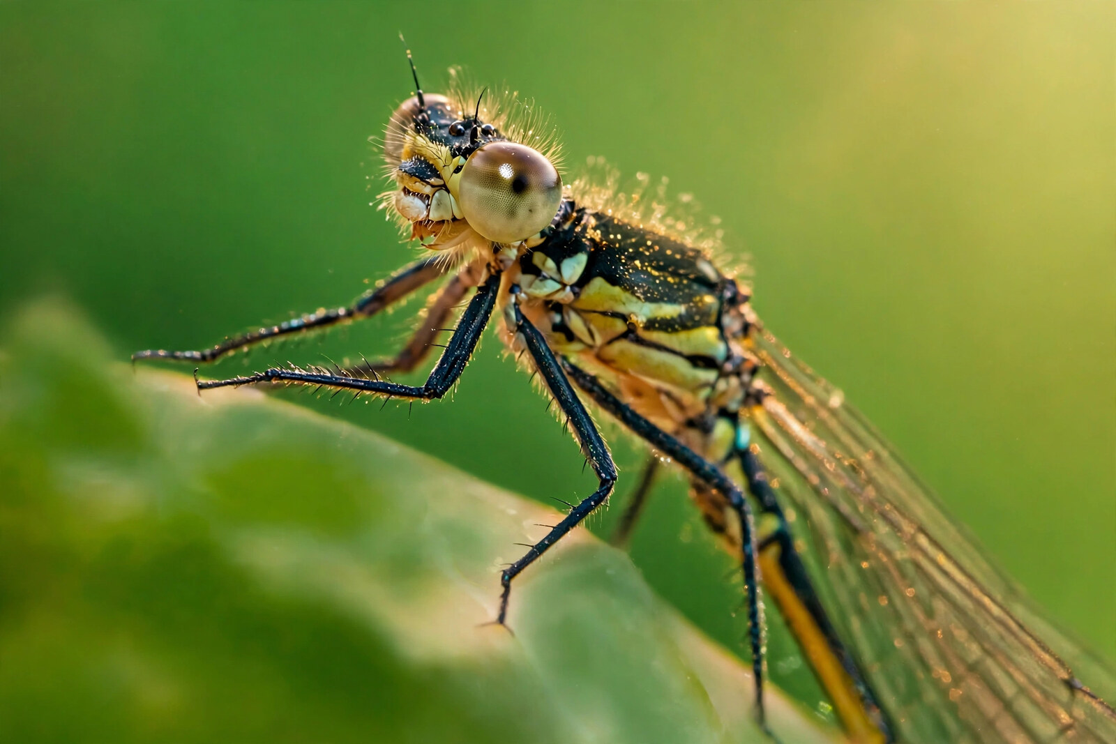 Backlit female damselfly in profile on a leaf, bronze eye and olive thorax