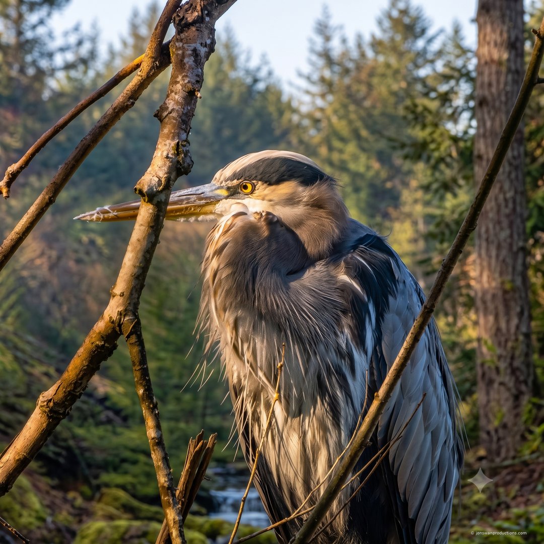 Great blue heron in branches above a forest creek in golden light