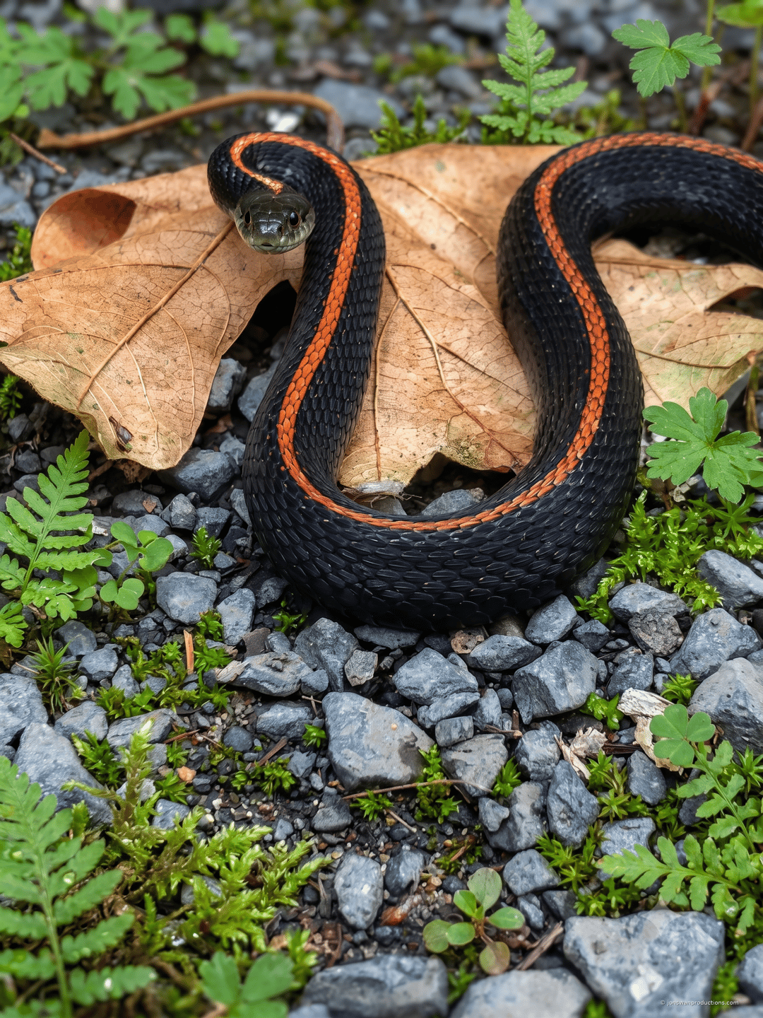 Jet black adult garter snake with a bright orange-red dorsal stripe coiled in an S-curve on a fallen oak leaf and gravel