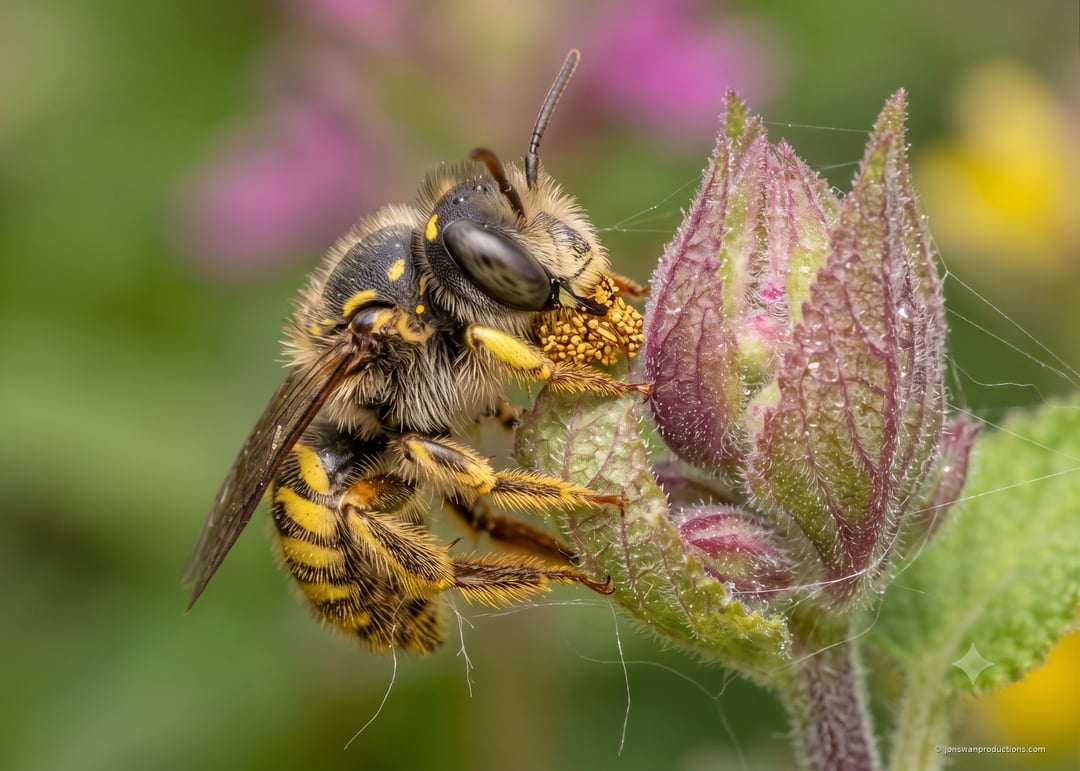 Female wool carder bee carrying golden pollen on a fuzzy bud