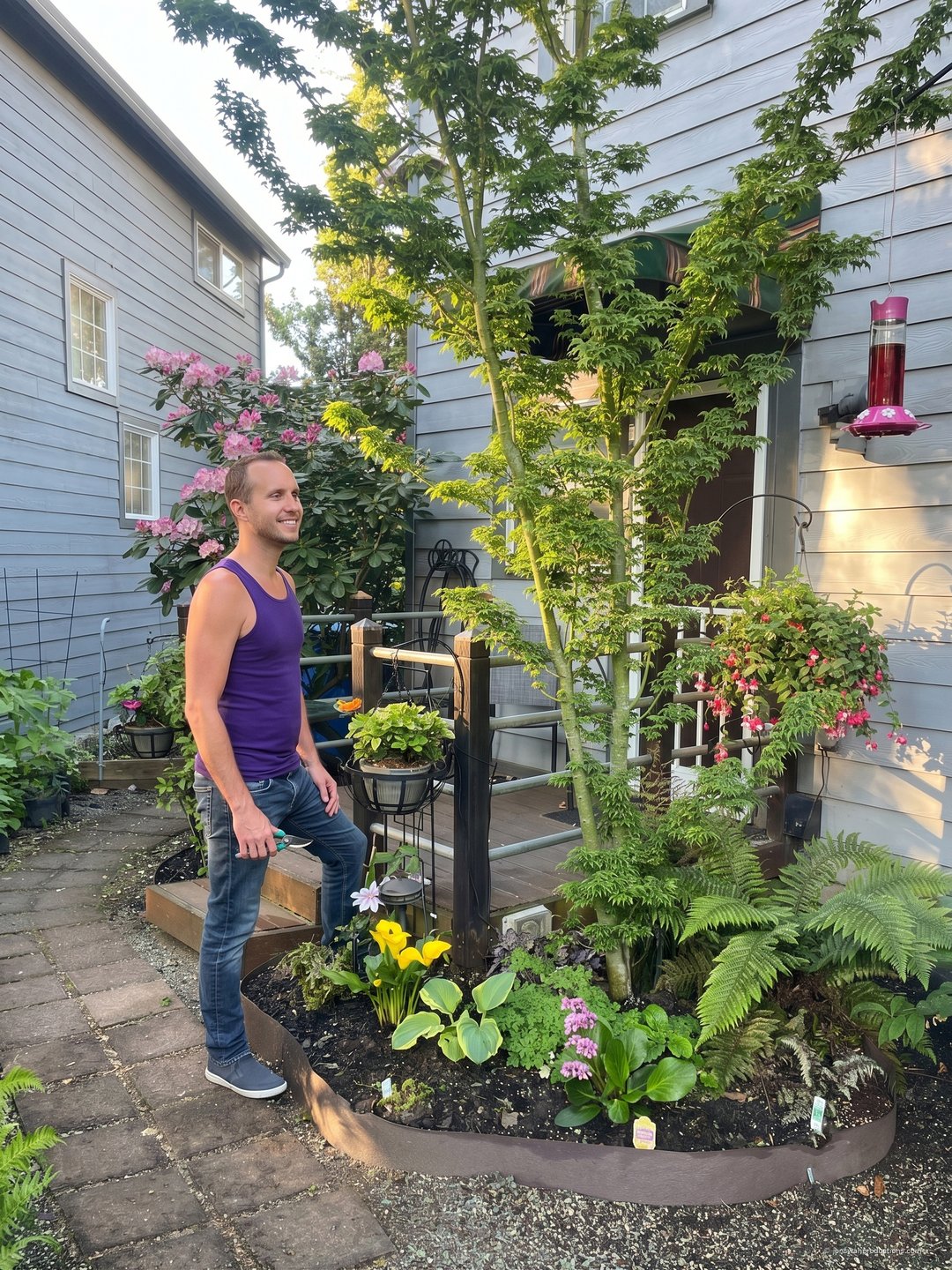 A narrow Portland side yard between two houses planted densely with maples, ferns, roses and hostas