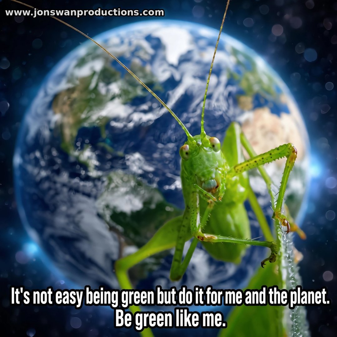 Katydid in front of planet Earth, captioned It's not easy being green but do it for me and the planet