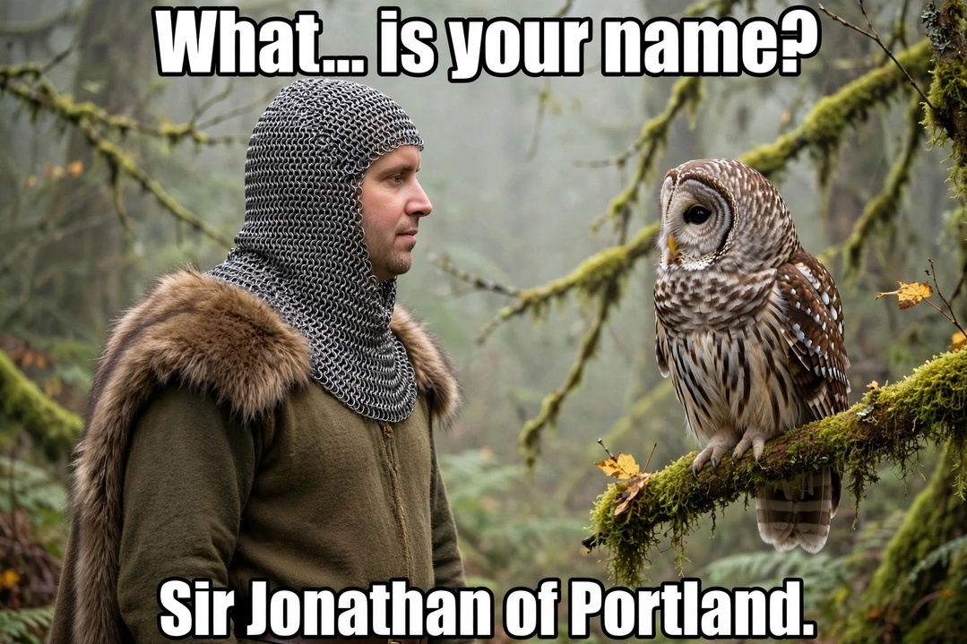 A knight in chainmail facing a barred owl, captioned What is your name? Sir Jonathan of Portland