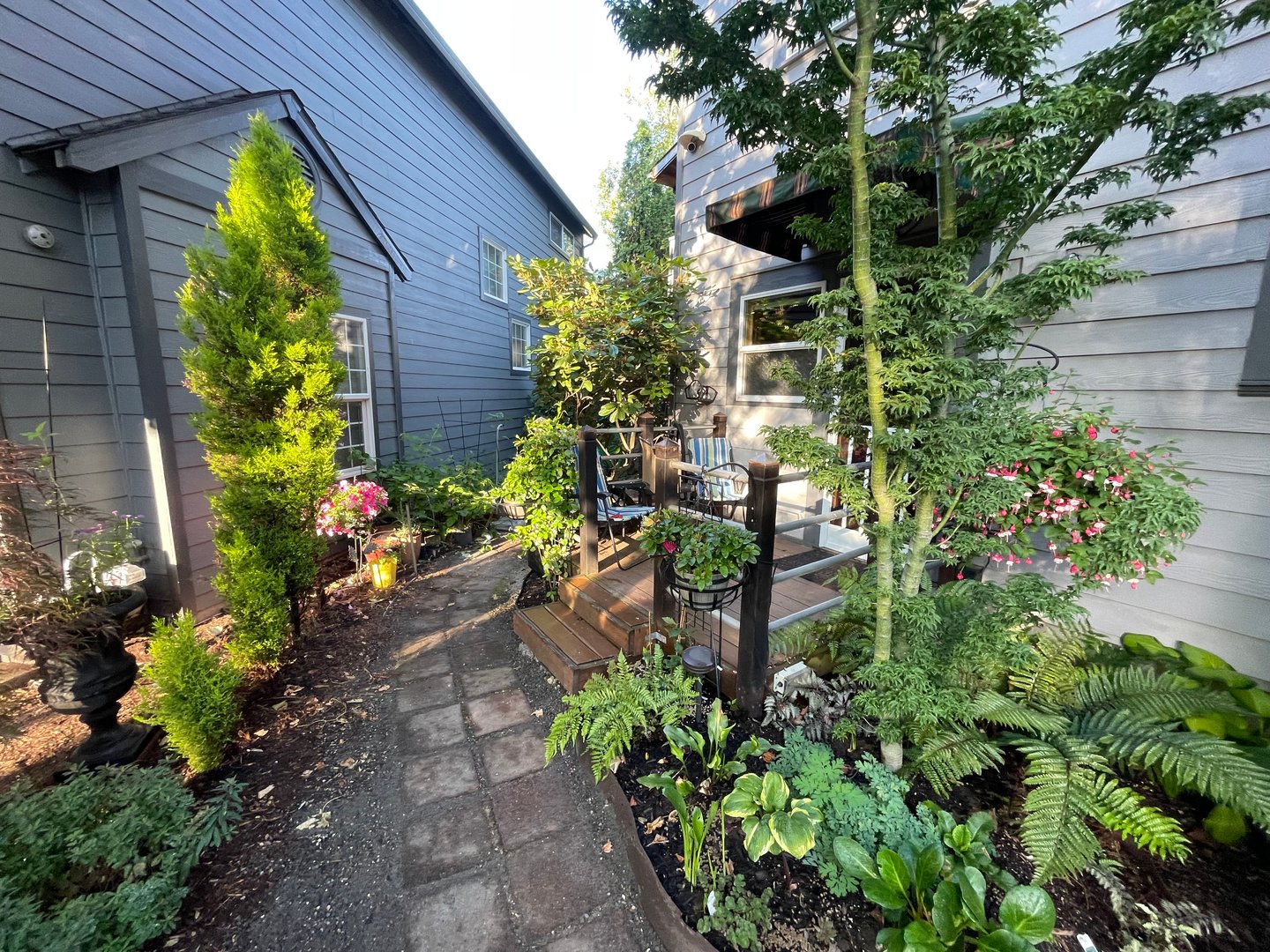 A narrow garden path between two blue-gray houses with potted plants, trees, and a small seating area on a wooden deck.