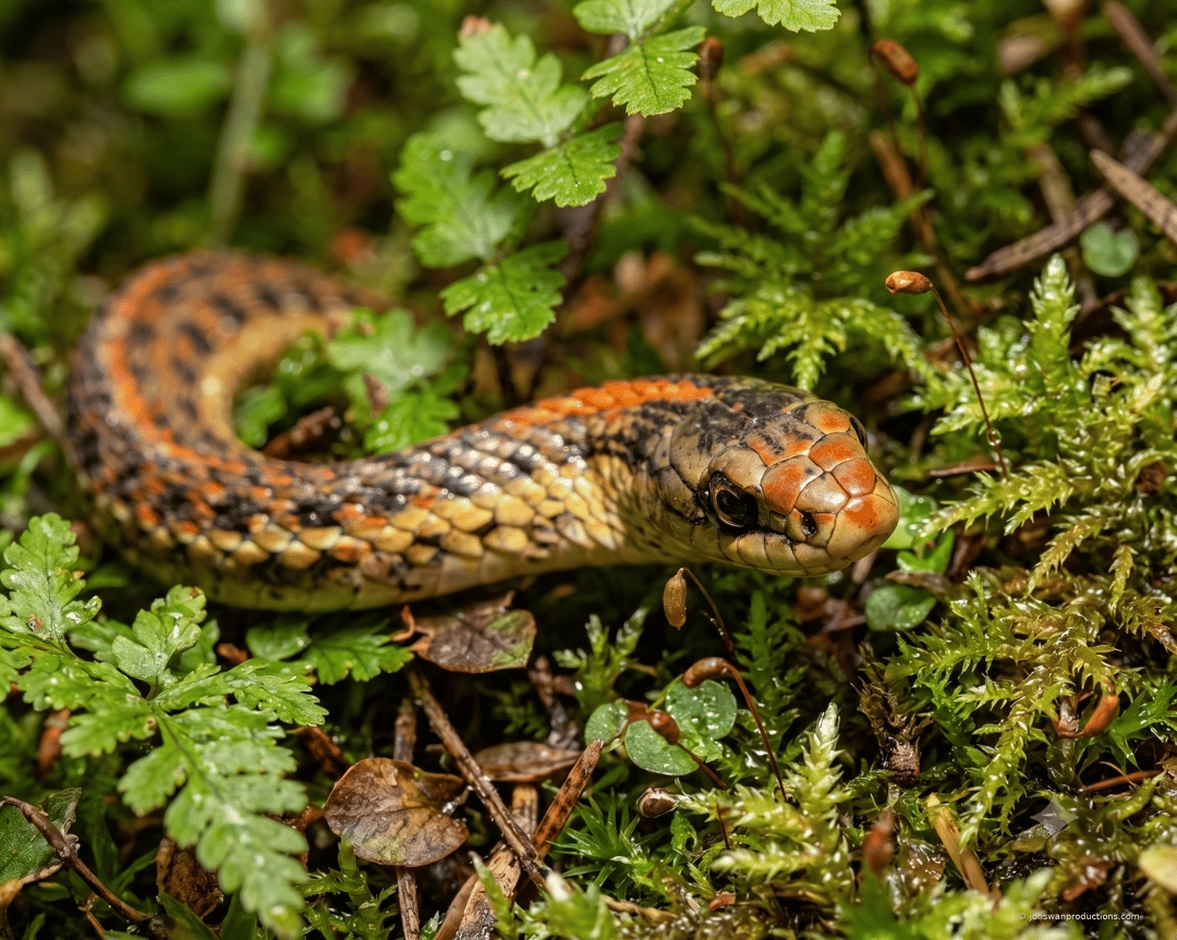 Young garter snake with orange stripe and checkered sides coiled in green moss and ferns