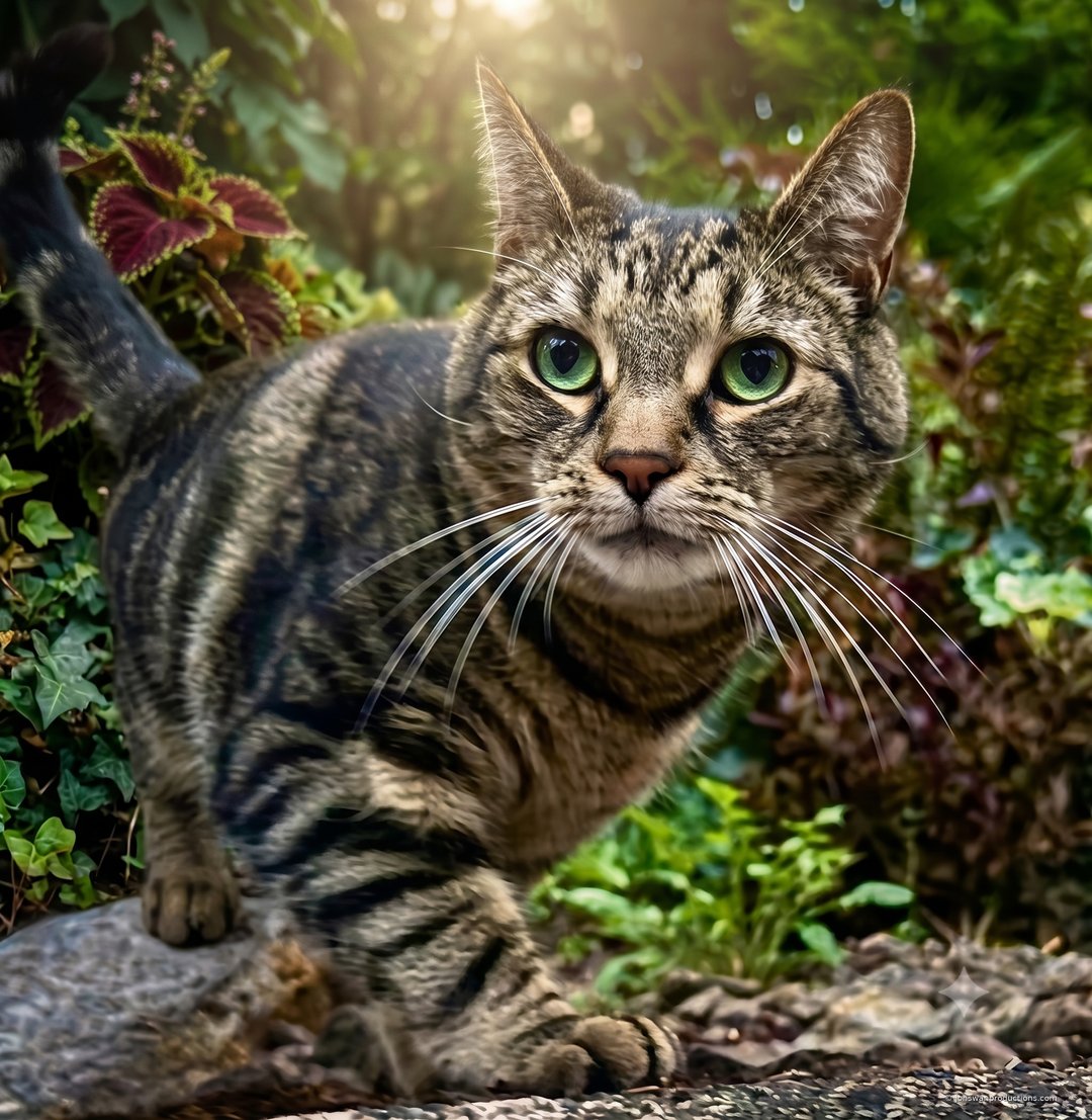 Neighborhood cat in stealth mode with glowing green eyes
