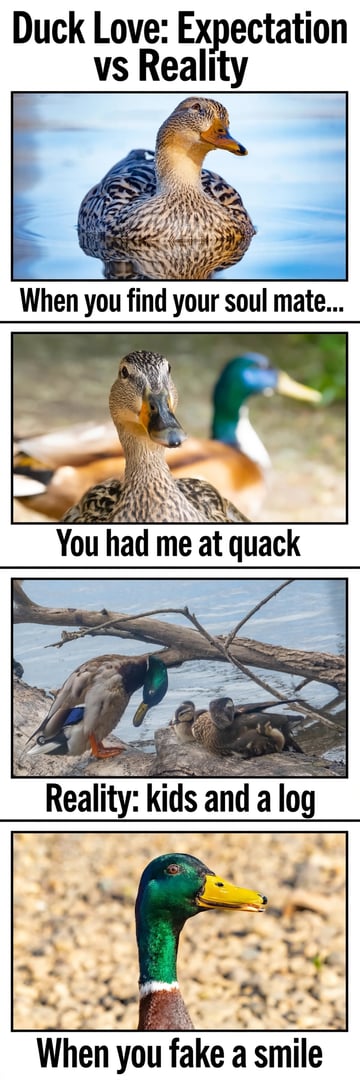 Duck Love: Expectation vs Reality — a four-panel photo comic: a hen mallard captioned When you find your soul mate, a courting pair captioned You had me at quack, ducklings on a log captioned Reality: kids and a log, and a mallard drake close-up captioned When you fake a smile