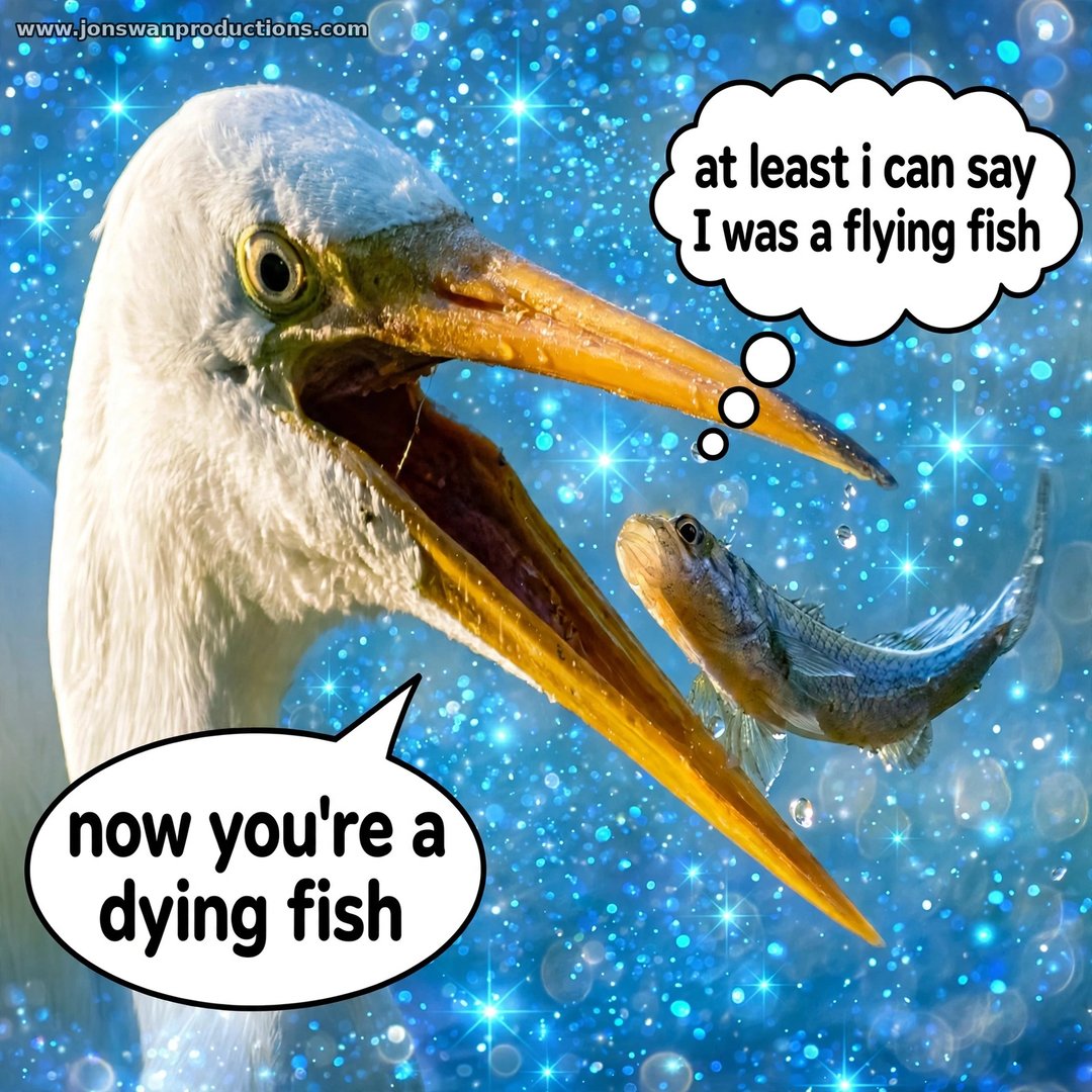 Great white egret holding a fish crosswise in its bill; the fish thinks at least I can say I was a flying fish, and the egret replies now you're a dying fish