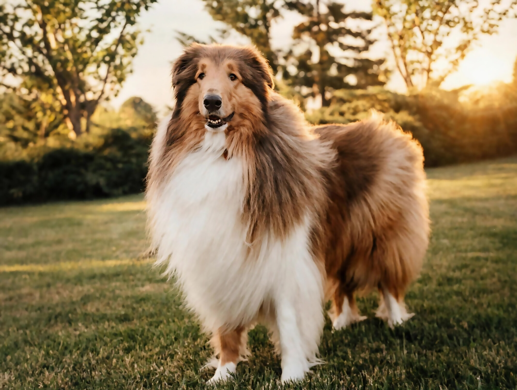 A fluffy collie mix standing in a sunlit park, facing the camera with a friendly expression.",
