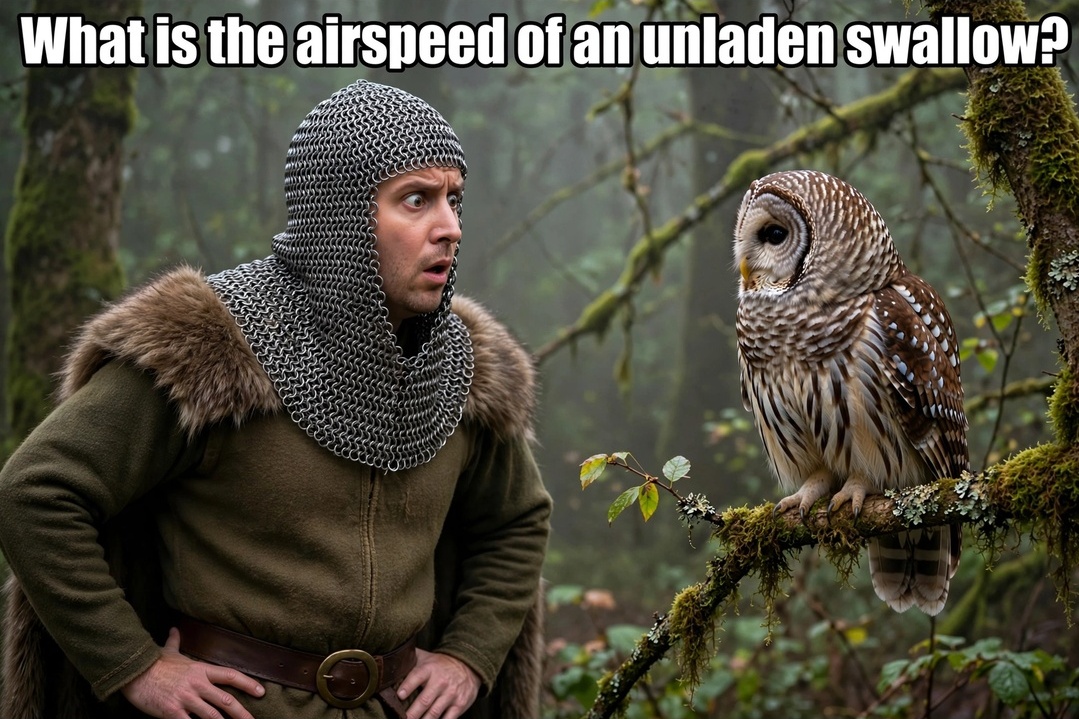 The knight looking alarmed as the barred owl asks what is the airspeed of an unladen swallow