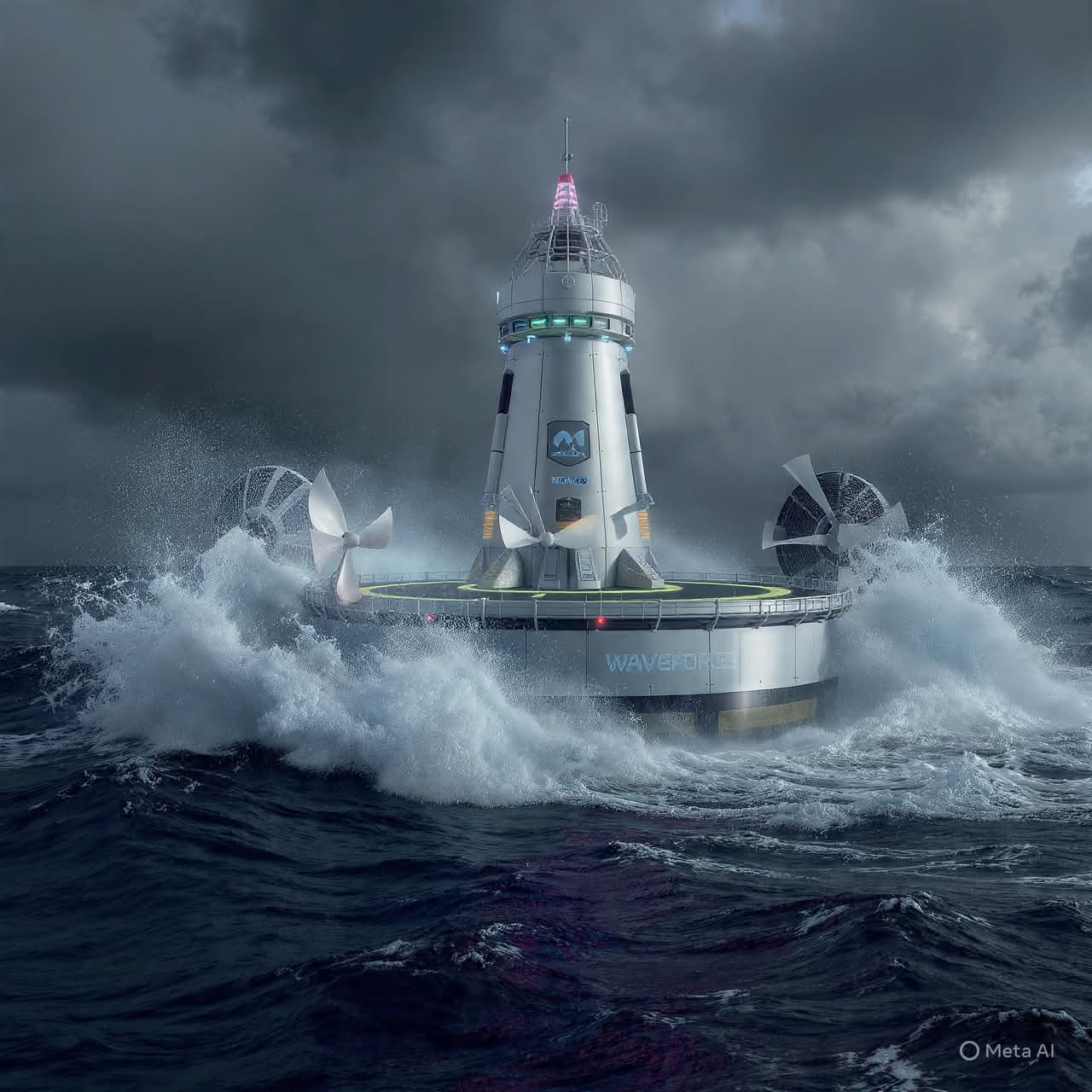WaveForge Storm Chaser concept render — AI visualization of ocean energy harvesting vessel in storm conditions