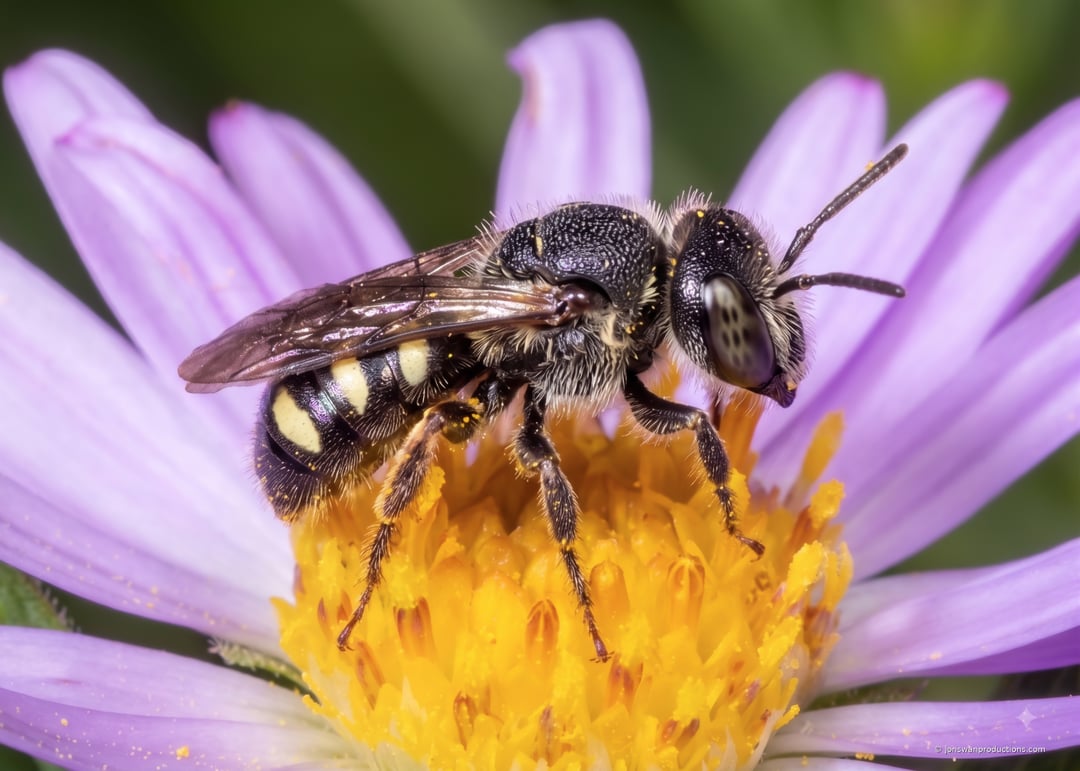 A cuckoo bee, genus Stelis, in full profile on a Douglas aster — black with cream lateral spots and heavily pitted armour