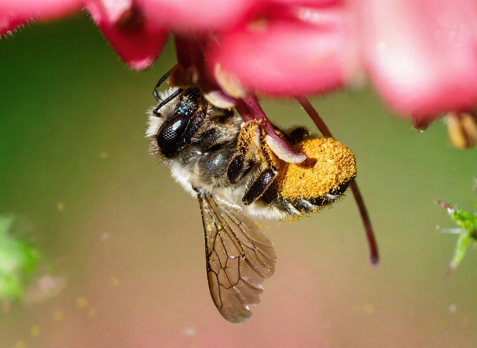 Leafcutter bee under a pink flower with the entire underside of her abdomen packed with orange pollen