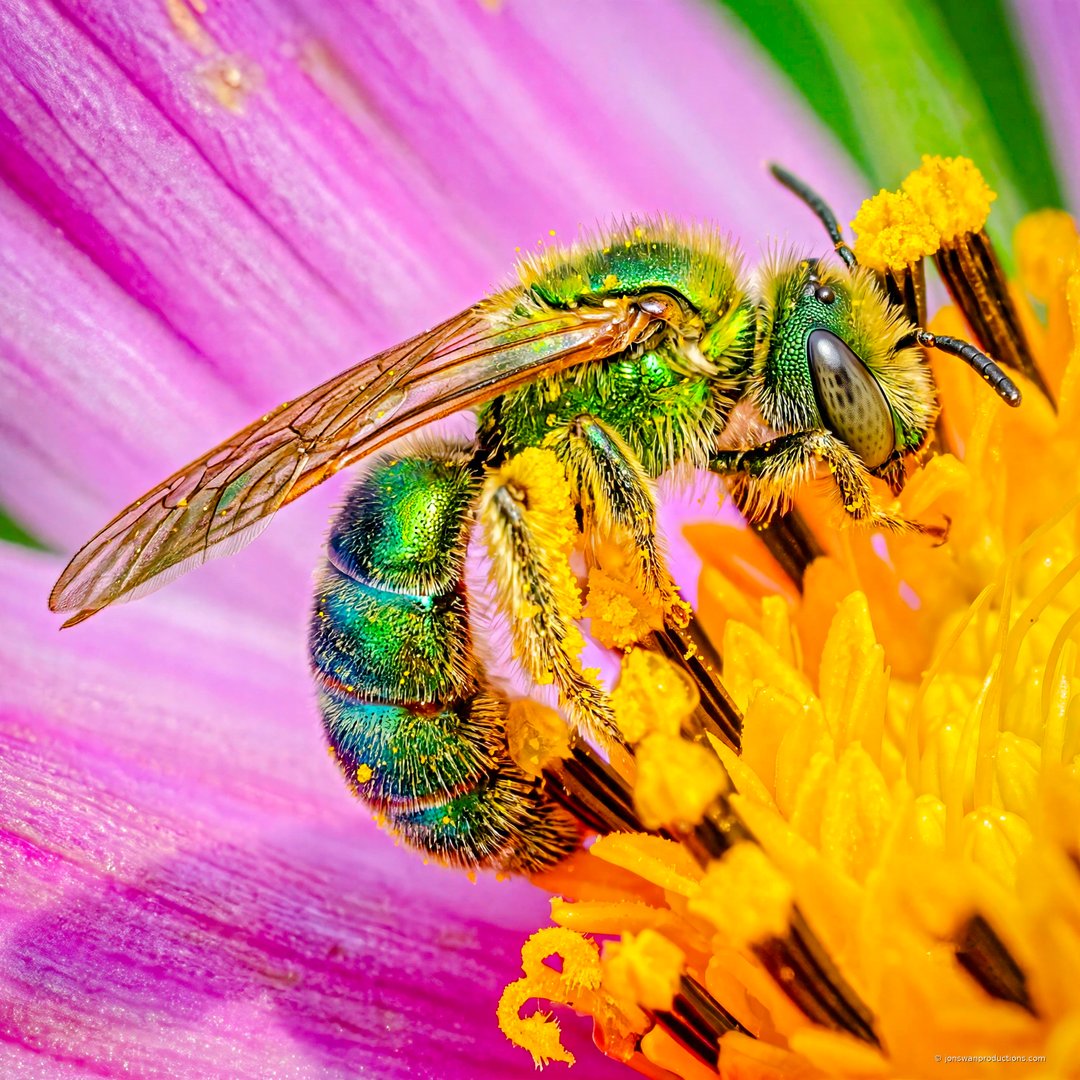 Female metallic green sweat bee covered in pollen on a pink cosmos flower