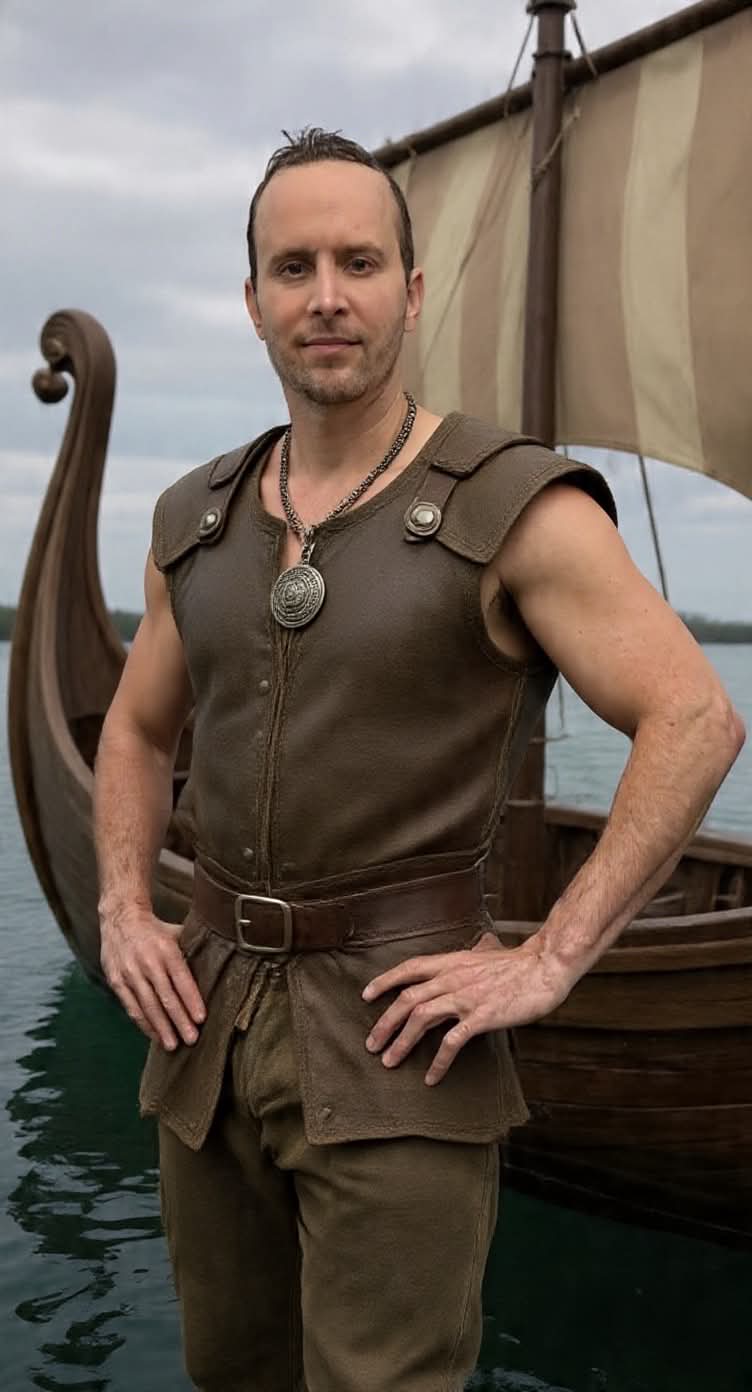 Jonathan Swanson in Viking dress standing before a longship at the water's edge