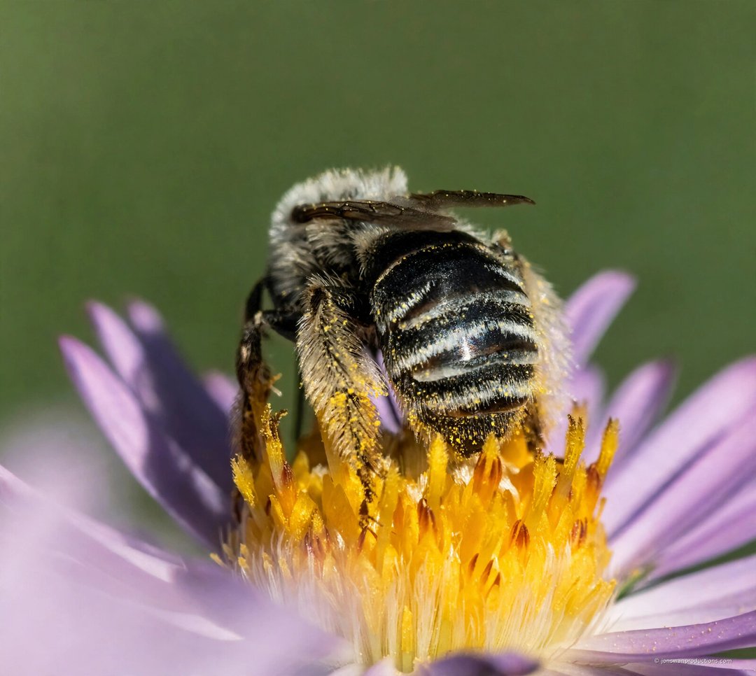Female long-horned bee from above showing white hair bands across a dark abdomen