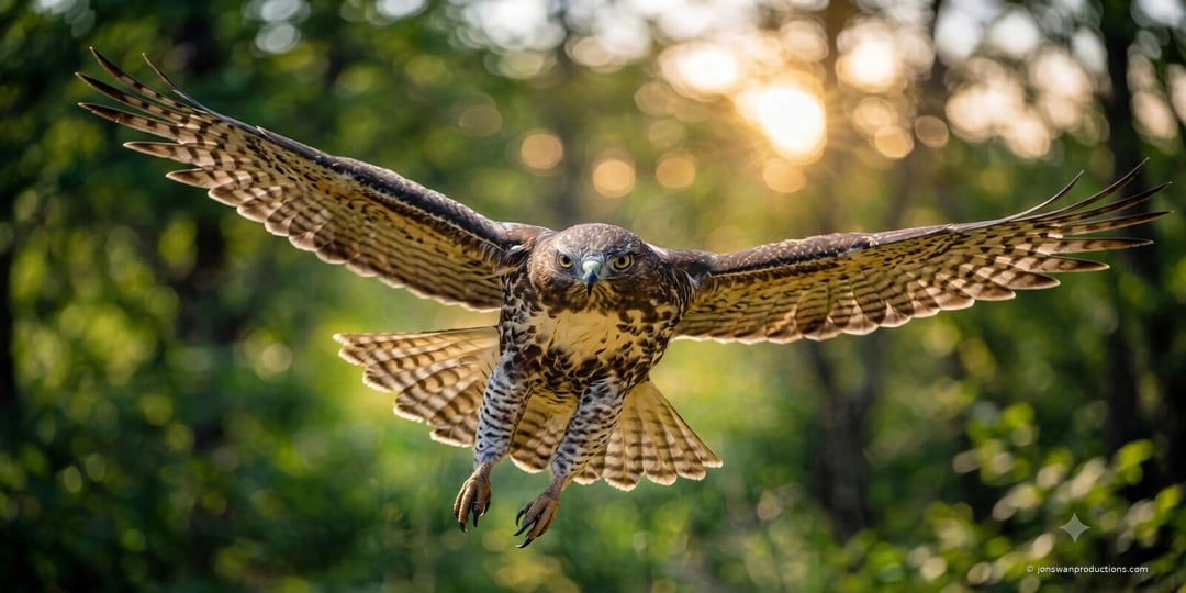 Red-tailed hawk flying head-on toward the camera with wings fully spread