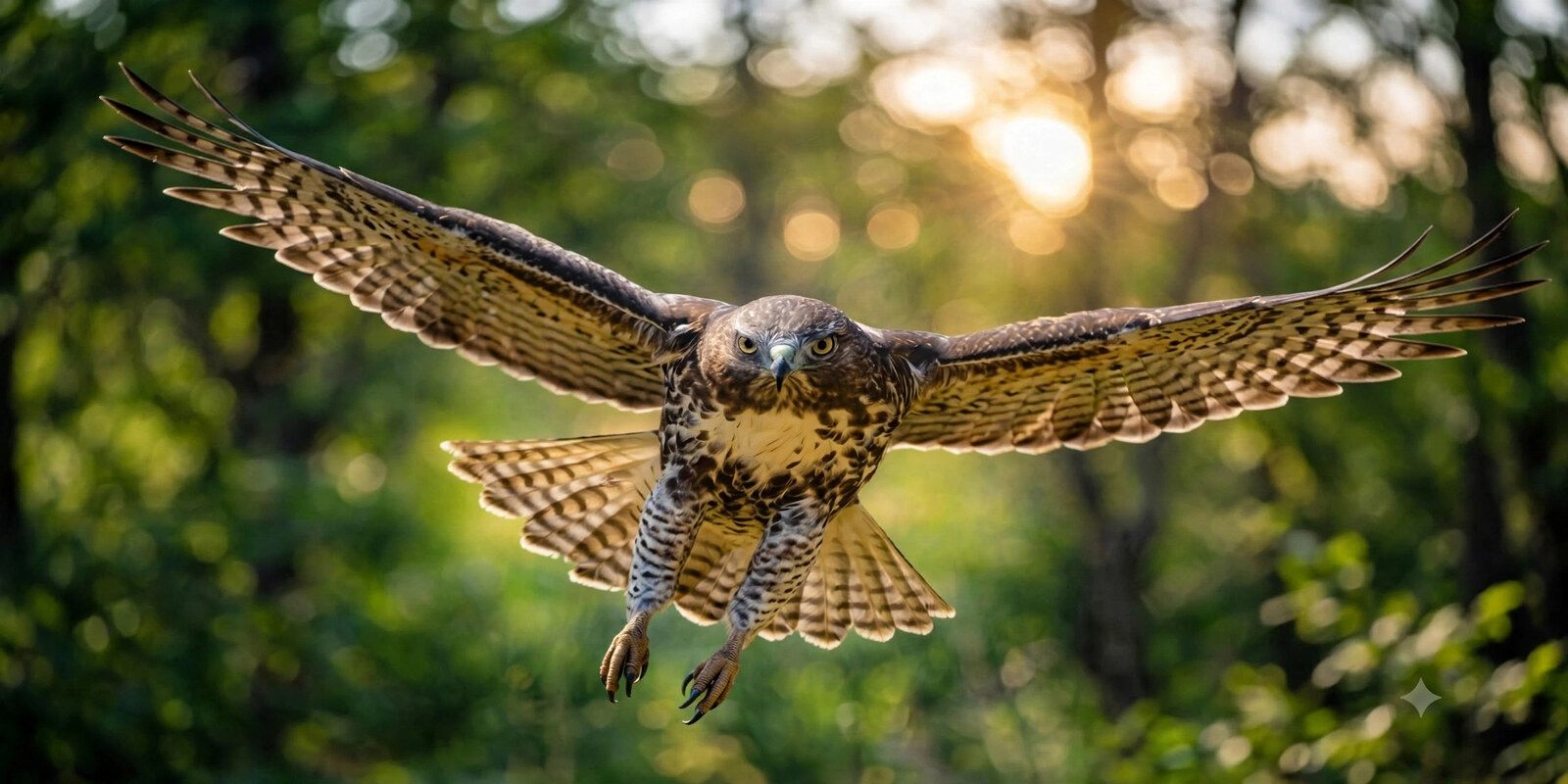 Red-tailed hawk flying straight toward the camera with wings fully spread against green woods
