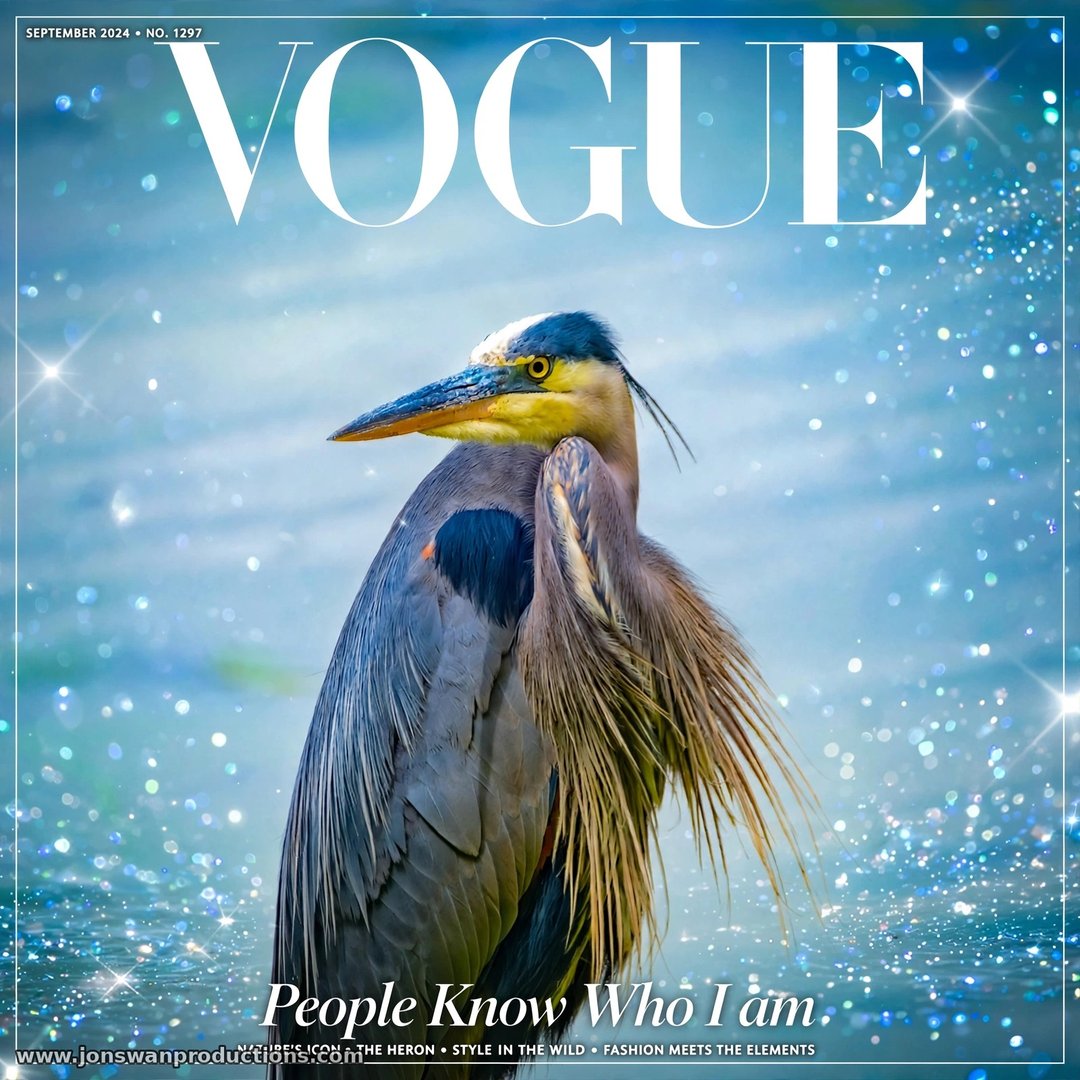Mock Vogue magazine cover featuring a great blue heron in breeding plumage, headline People Know Who I Am, with cover lines reading Nature's Icon, The Heron, Style in the Wild