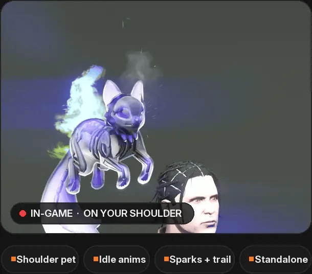 Ghost Kitty in game. Highlights: shoulder pet, idle animations, electric sparks and ghost trail, standalone