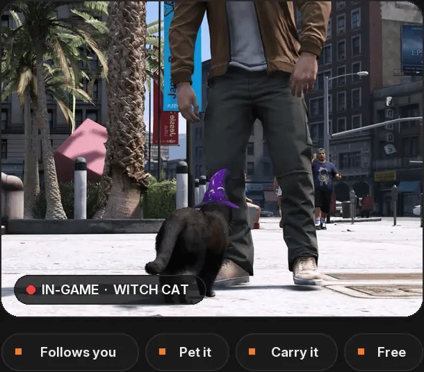 Witch Cat in game. Highlights: follows you, pet it, carry it, free