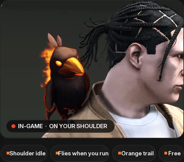 Hallow Crow in game. Highlights: idle variations, flies when you run, orange trail, free